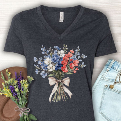 Delicate Patriotic Bouquet with Ribbon V-Neck T-Shirt