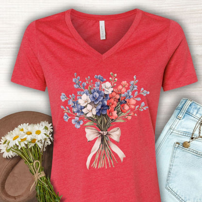 Delicate Patriotic Bouquet with Ribbon V-Neck T-Shirt