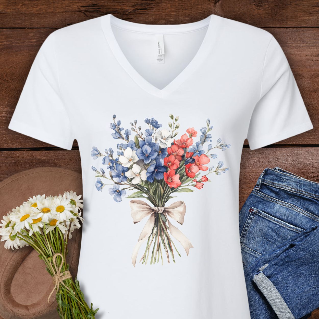 Delicate Patriotic Bouquet with Ribbon V-Neck T-Shirt
