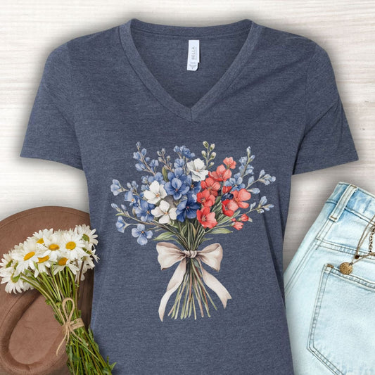 Delicate Patriotic Bouquet with Ribbon V-Neck T-Shirt