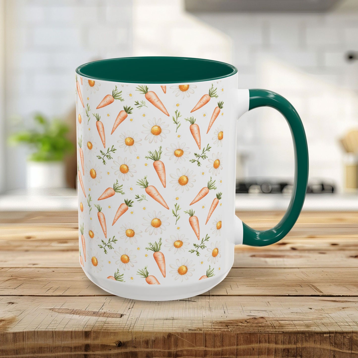 15oz ceramic mug with a green interior/handle and a white exterior featuring a watercolor carrot and daisy pattern.