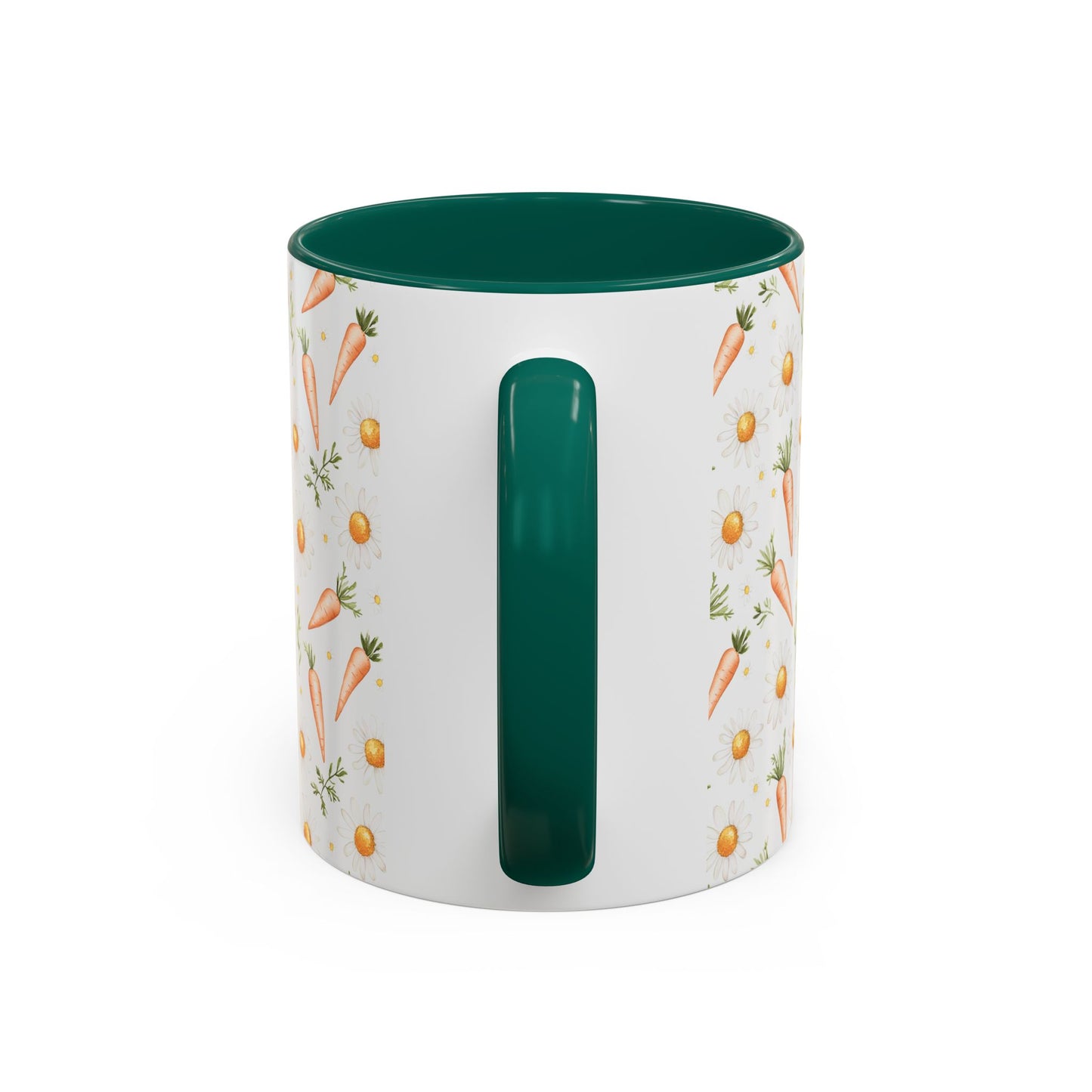White ceramic mug with watercolor carrots and daisies, green interior and handle.