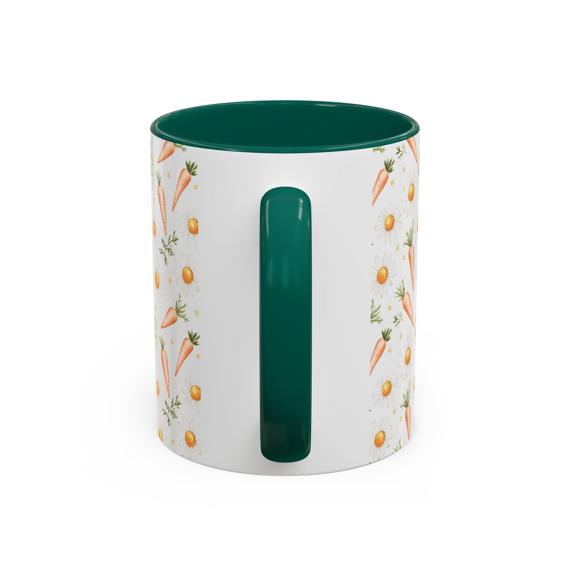White ceramic mug with watercolor carrots and daisies, green interior and handle.