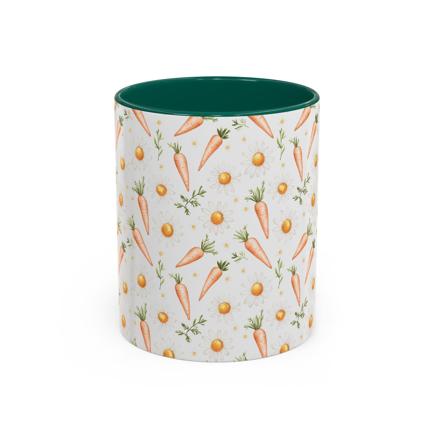 White ceramic mug with watercolor carrots and daisies, featuring a dark green interior and handle.