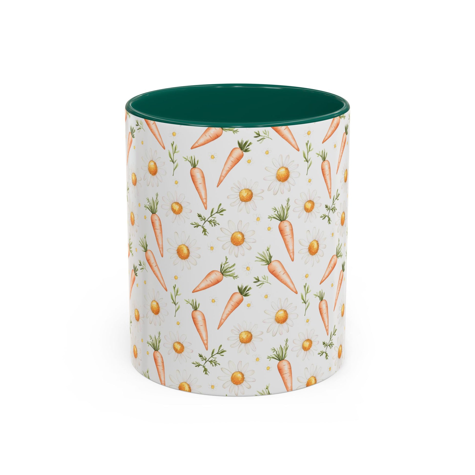 White ceramic mug with watercolor carrots and daisies, featuring a dark green interior and handle.
