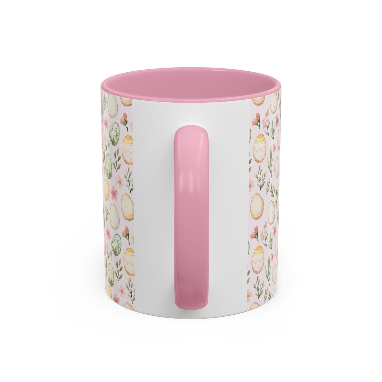 Easter pastel egg pattern mug with pink handle and interior, featuring watercolor eggs and sprigs.