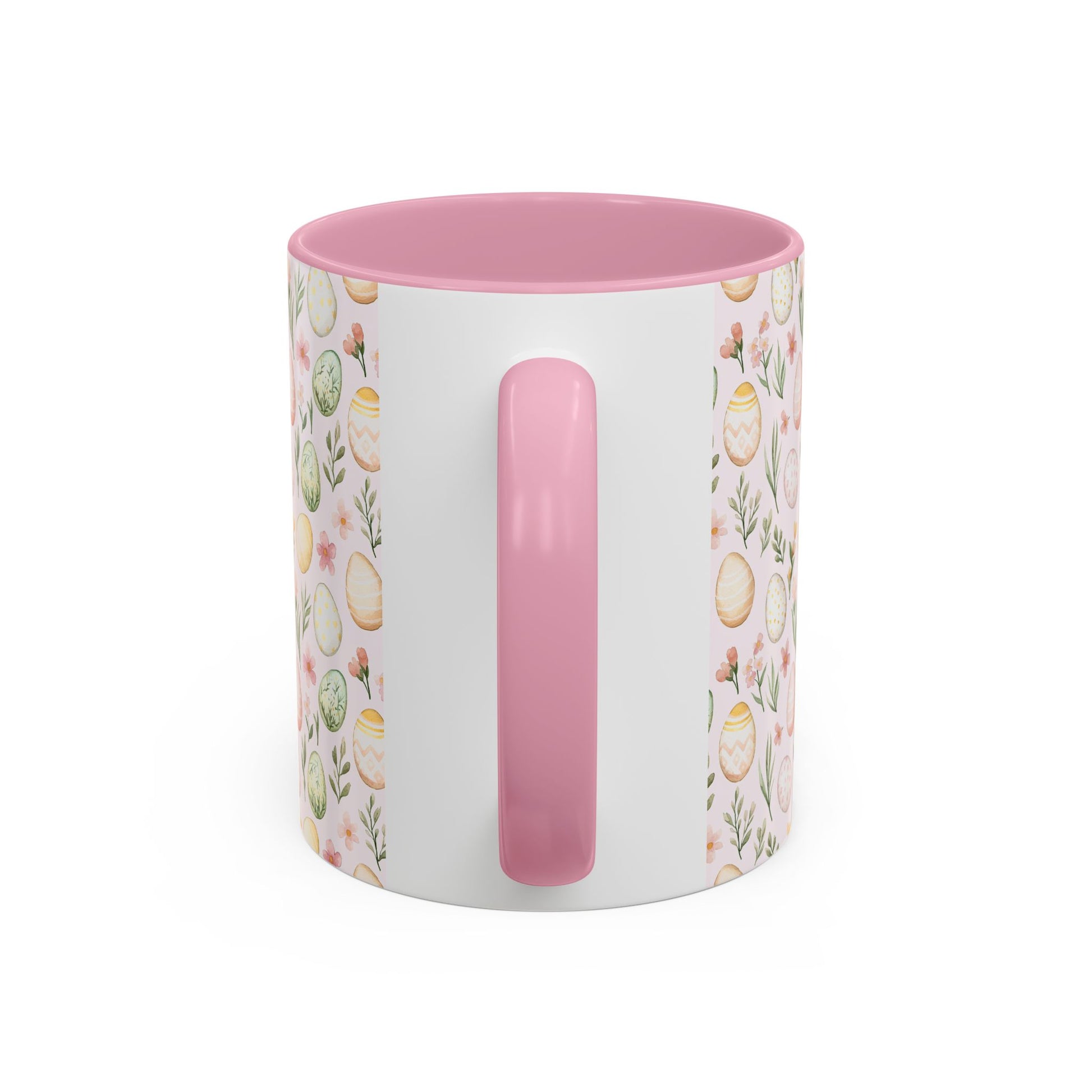 Easter pastel egg pattern mug with pink handle and interior, featuring watercolor eggs and sprigs.