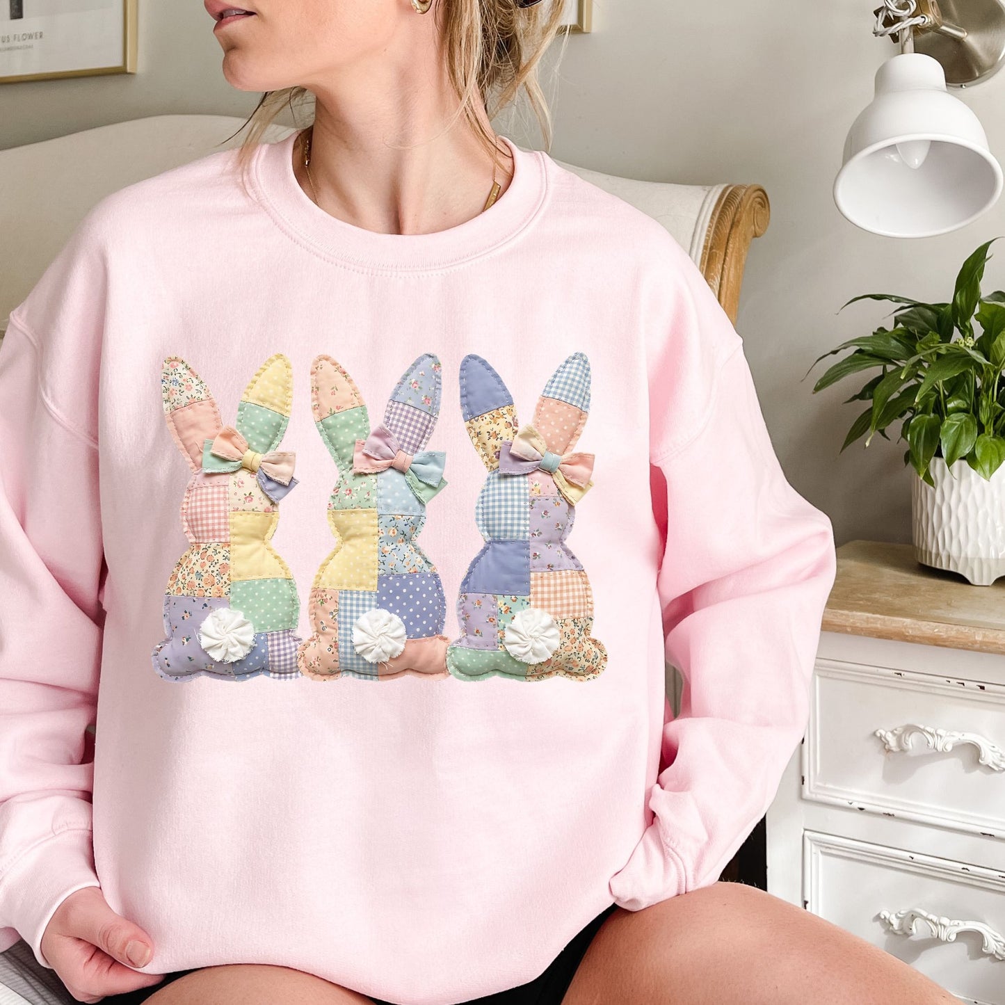 Easter Pastel Faux Patchwork Bunny Tails Trio Sweatshirt