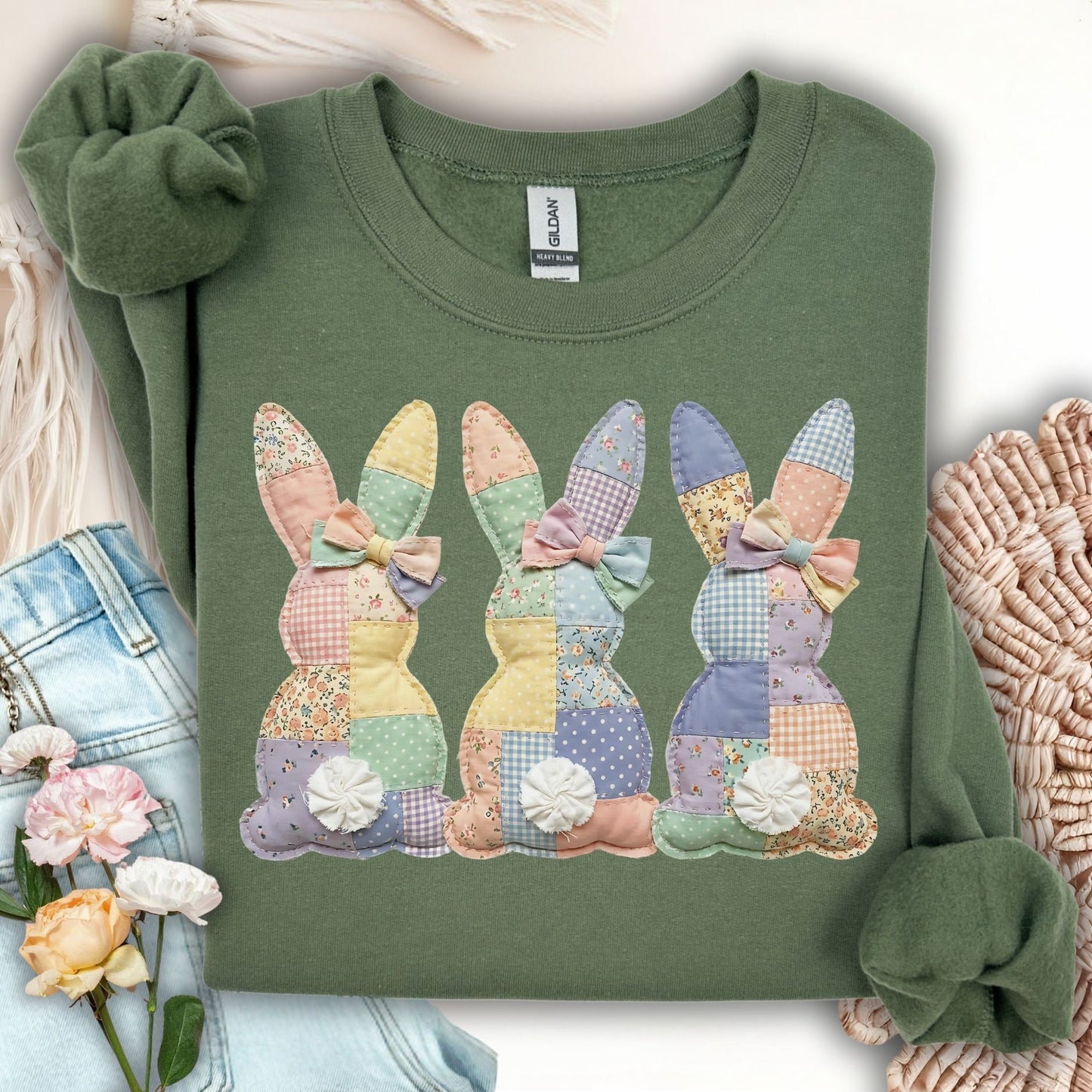 Easter Pastel Faux Patchwork Bunny Tails Trio Sweatshirt