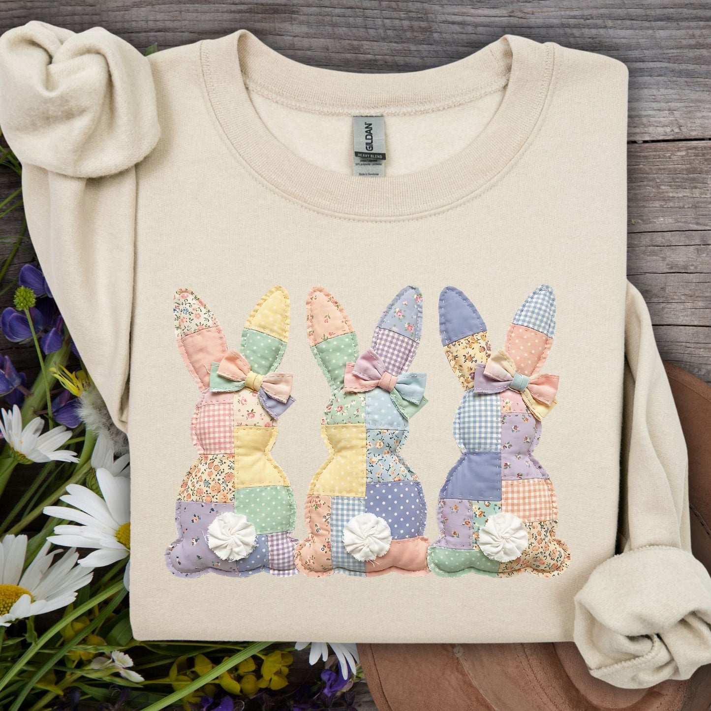 Easter Pastel Faux Patchwork Bunny Tails Trio Sweatshirt