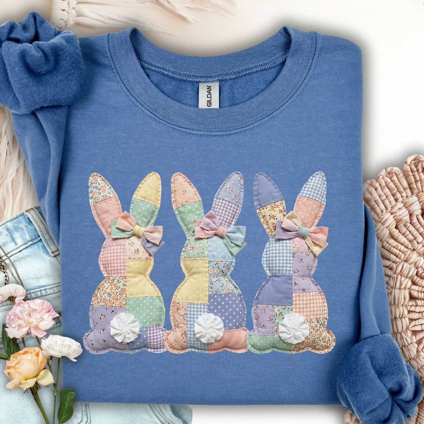 Easter Pastel Faux Patchwork Bunny Tails Trio Sweatshirt