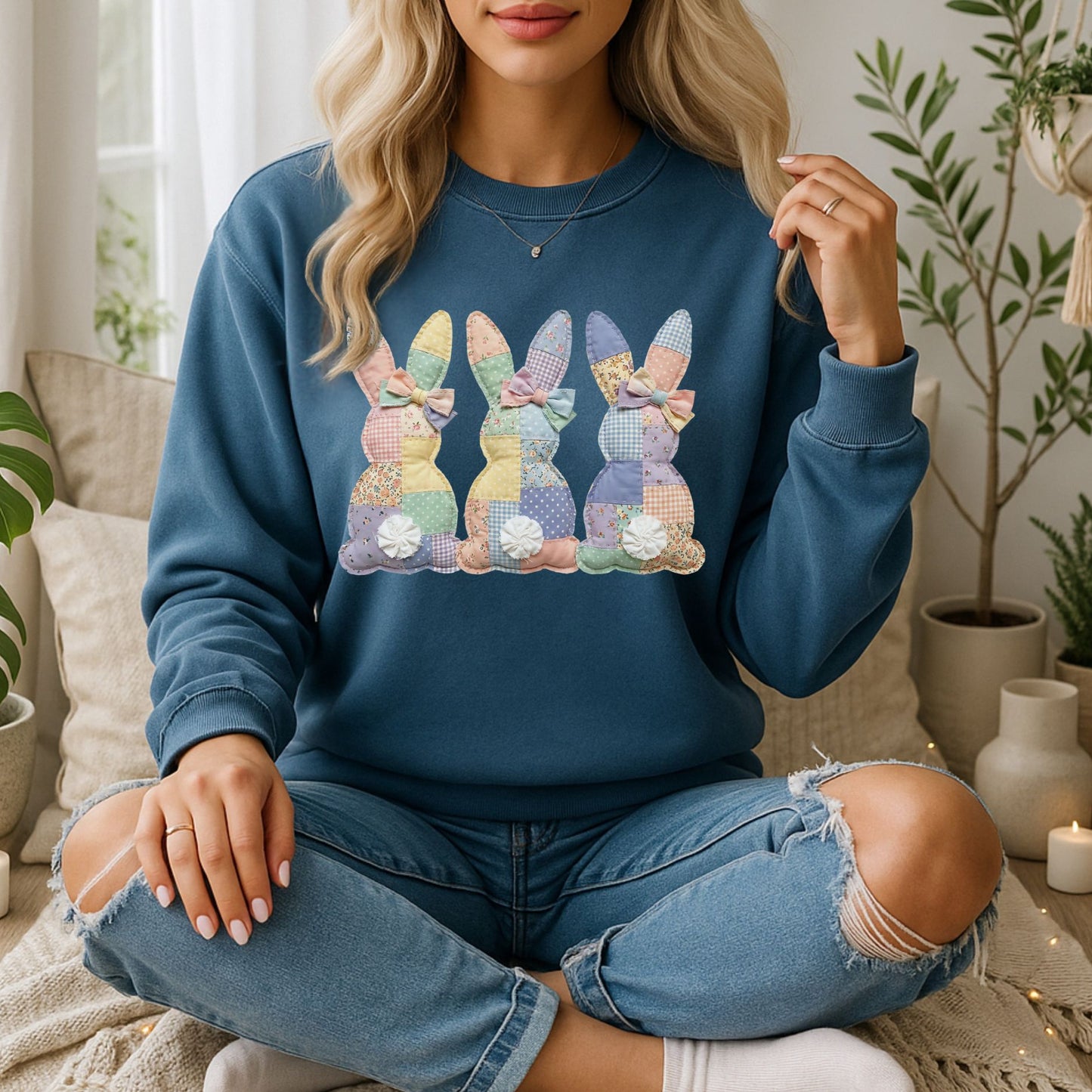Easter Pastel Faux Patchwork Bunny Tails Trio Sweatshirt
