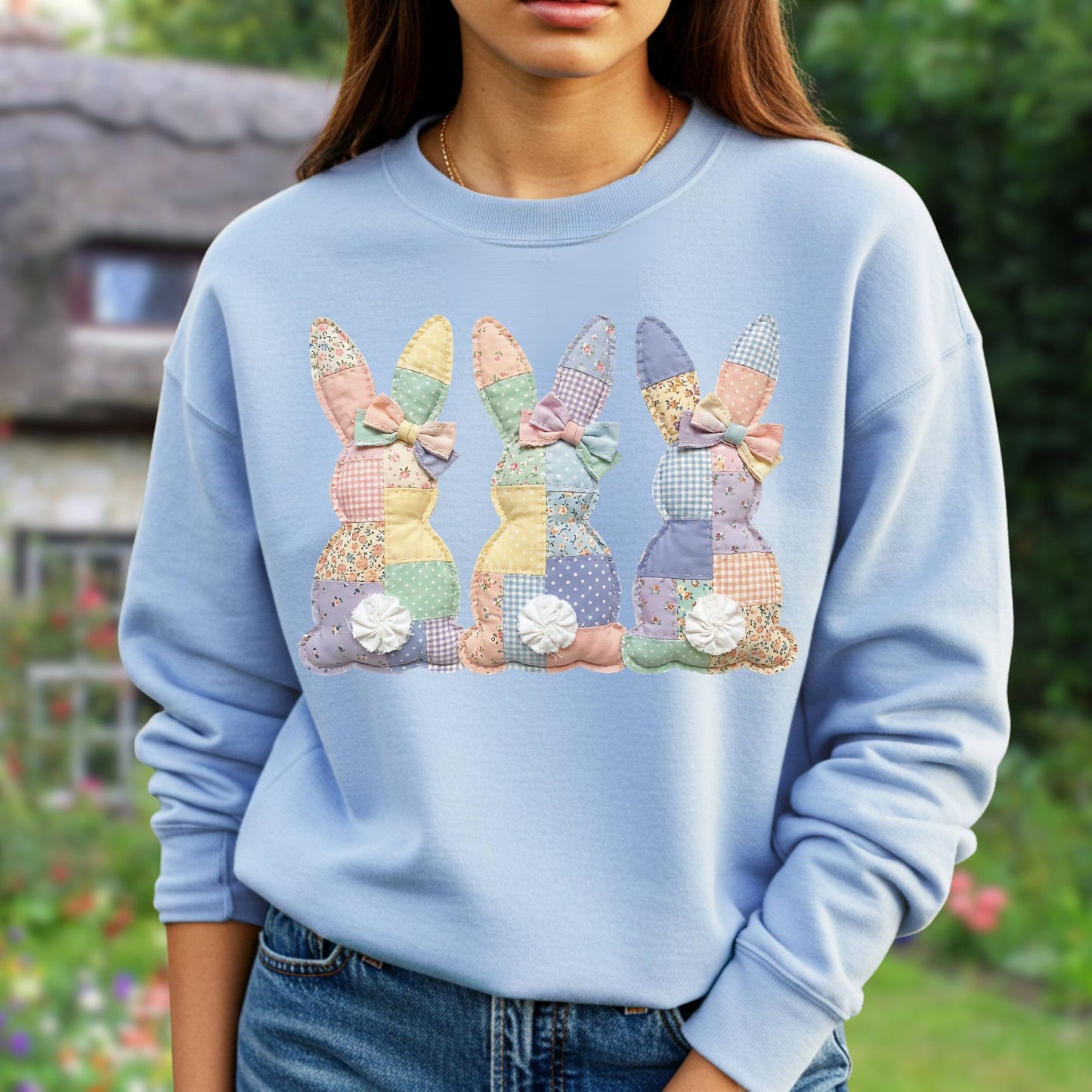 Easter Pastel Faux Patchwork Bunny Tails Trio Sweatshirt