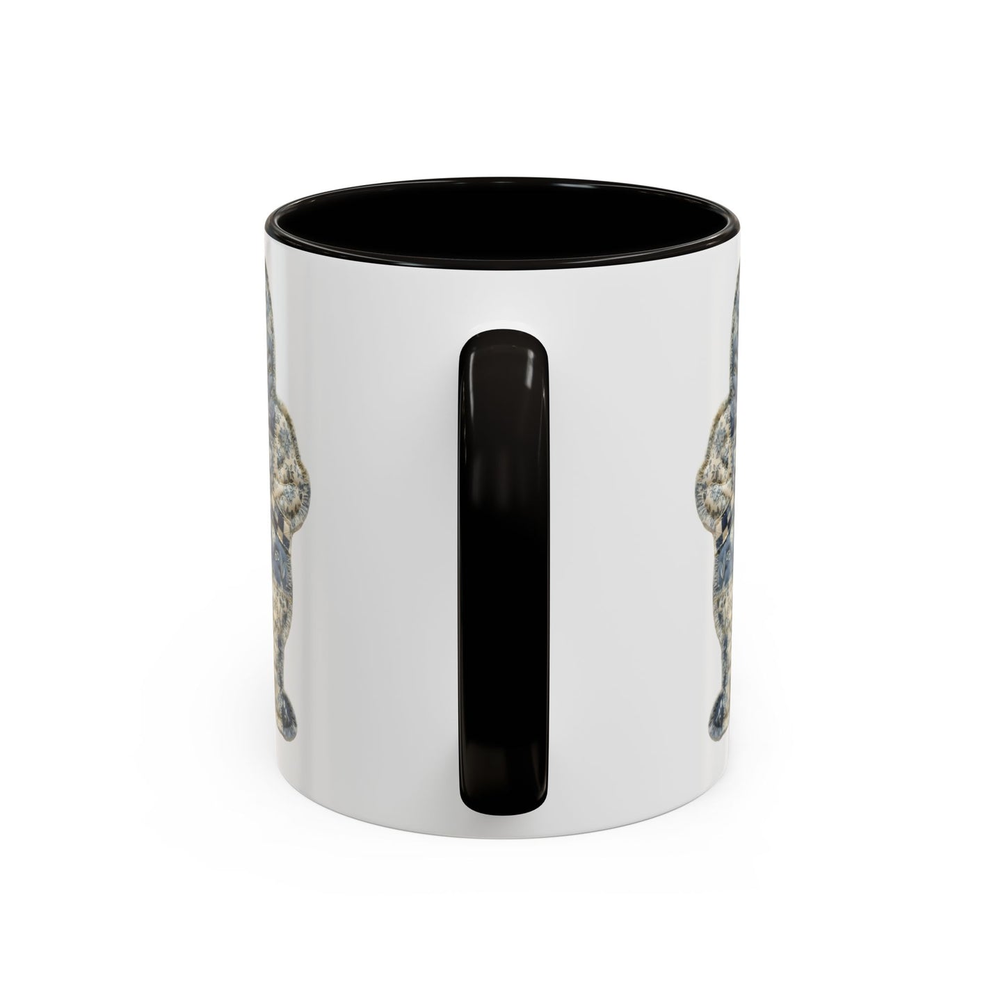 Glossy white ceramic mug with a black handle and interior, featuring a muted blue patchwork bunny illustration.
