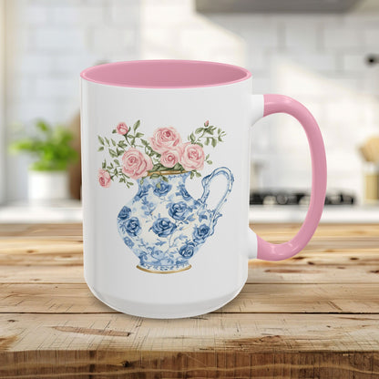15oz ceramic mug with a pink handle and interior, featuring a blue-and-white porcelain pitcher with pink roses.