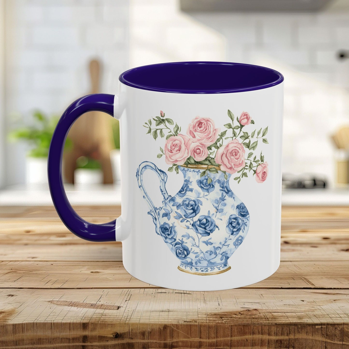 White ceramic mug with a purple handle and interior, featuring a blue-and-white porcelain pitcher with pink roses.