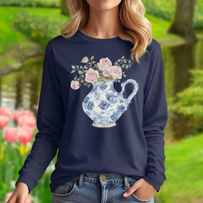 Elegant Pitcher with Garden Roses Long Sleeve Tee
