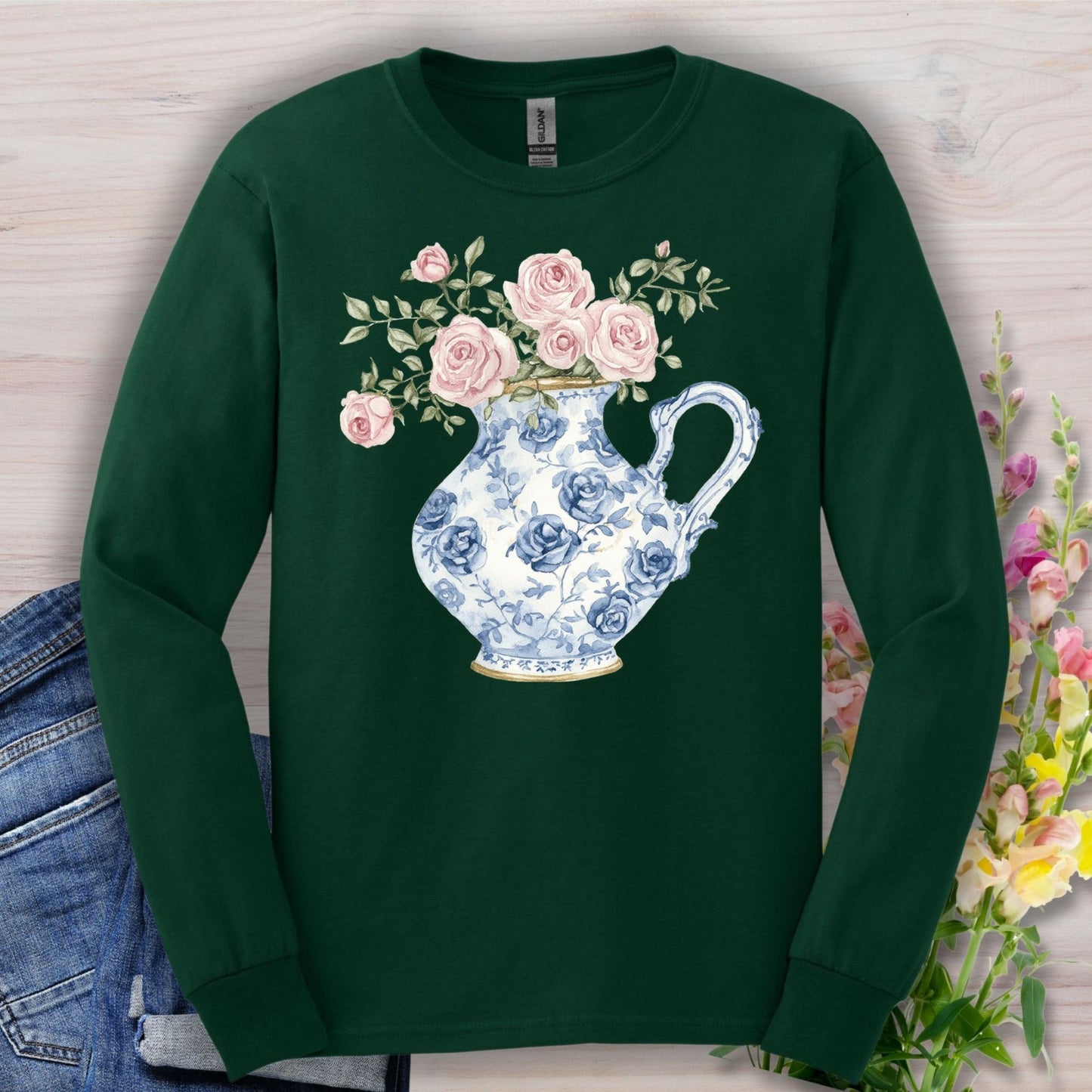 Elegant Pitcher with Garden Roses Long Sleeve Tee