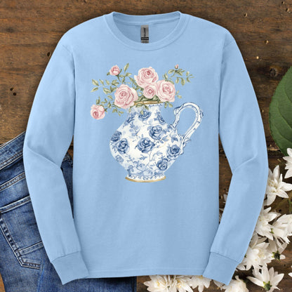 Elegant Pitcher with Garden Roses Long Sleeve Tee