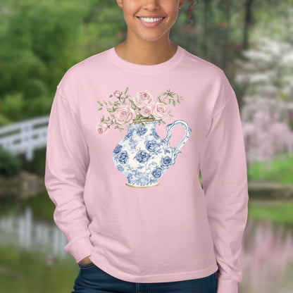 Elegant Pitcher with Garden Roses Long Sleeve Tee
