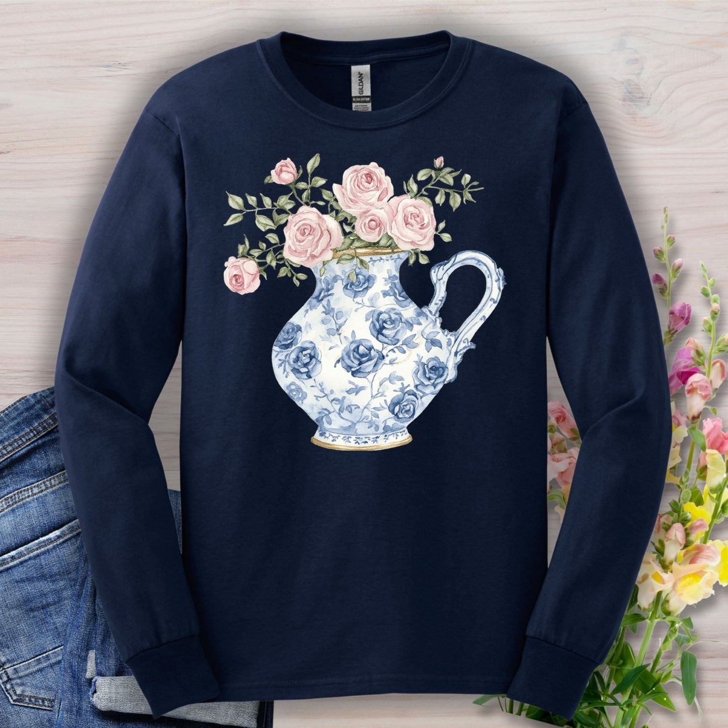 Elegant Pitcher with Garden Roses Long Sleeve Tee