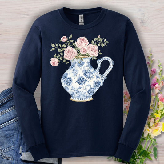 Elegant Pitcher with Garden Roses Long Sleeve Tee