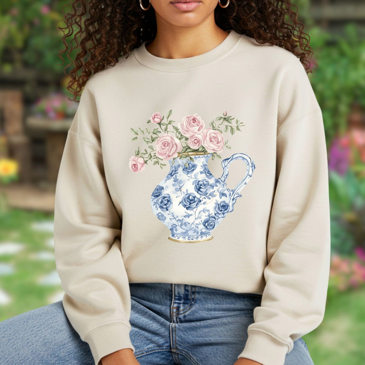 Elegant Pitcher with Garden Roses Sweatshirt
