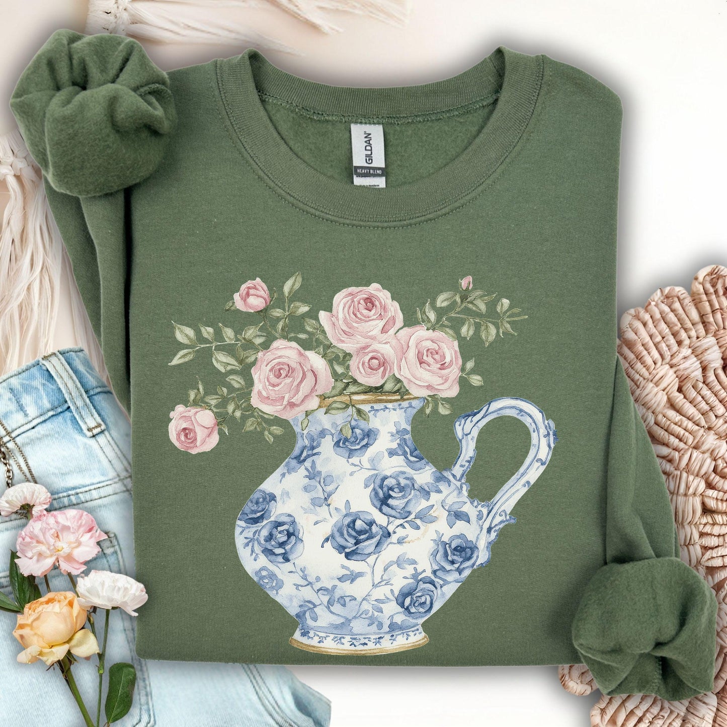 Elegant Pitcher with Garden Roses Sweatshirt