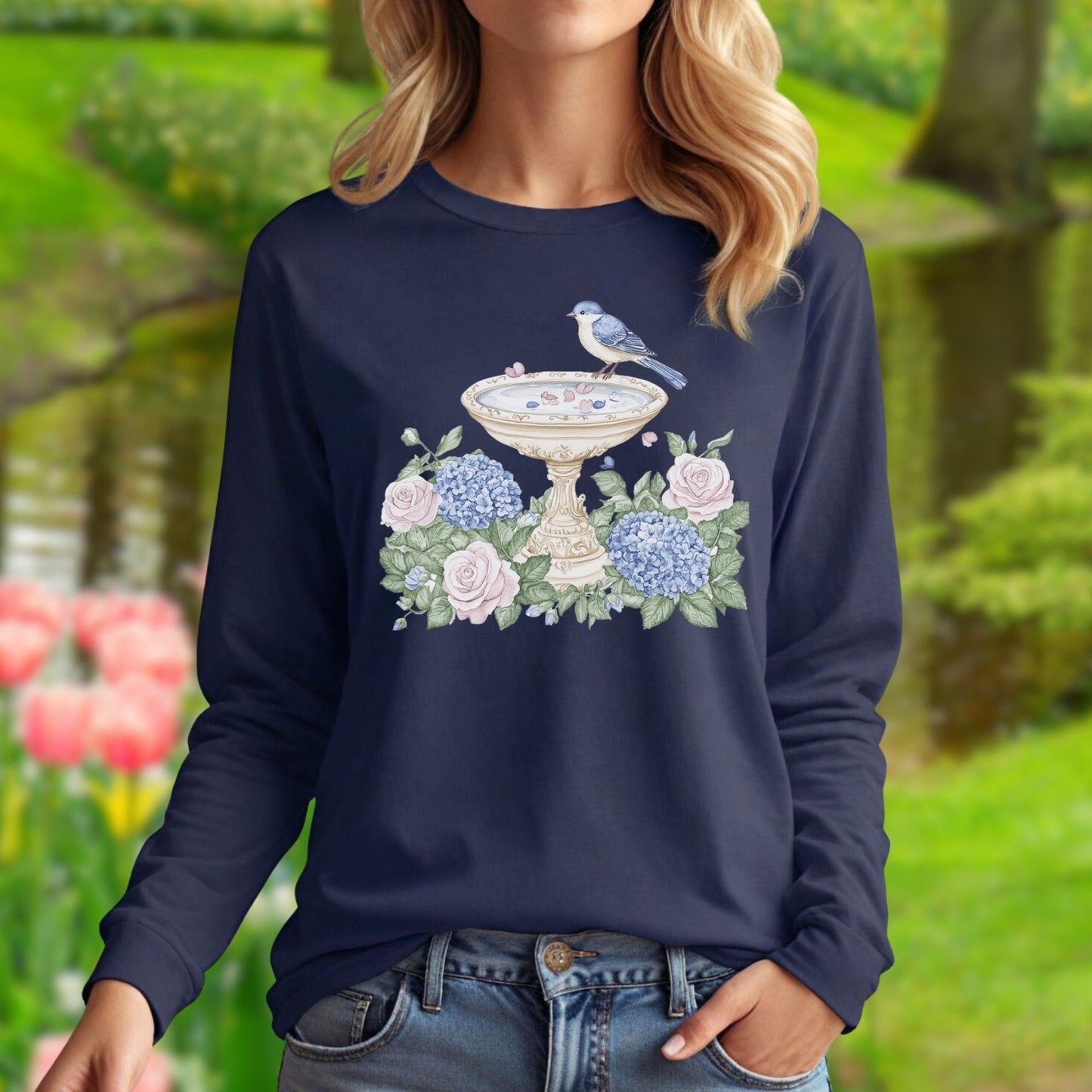 Elegant Spring Garden Bird Bath Long Sleeve Tee