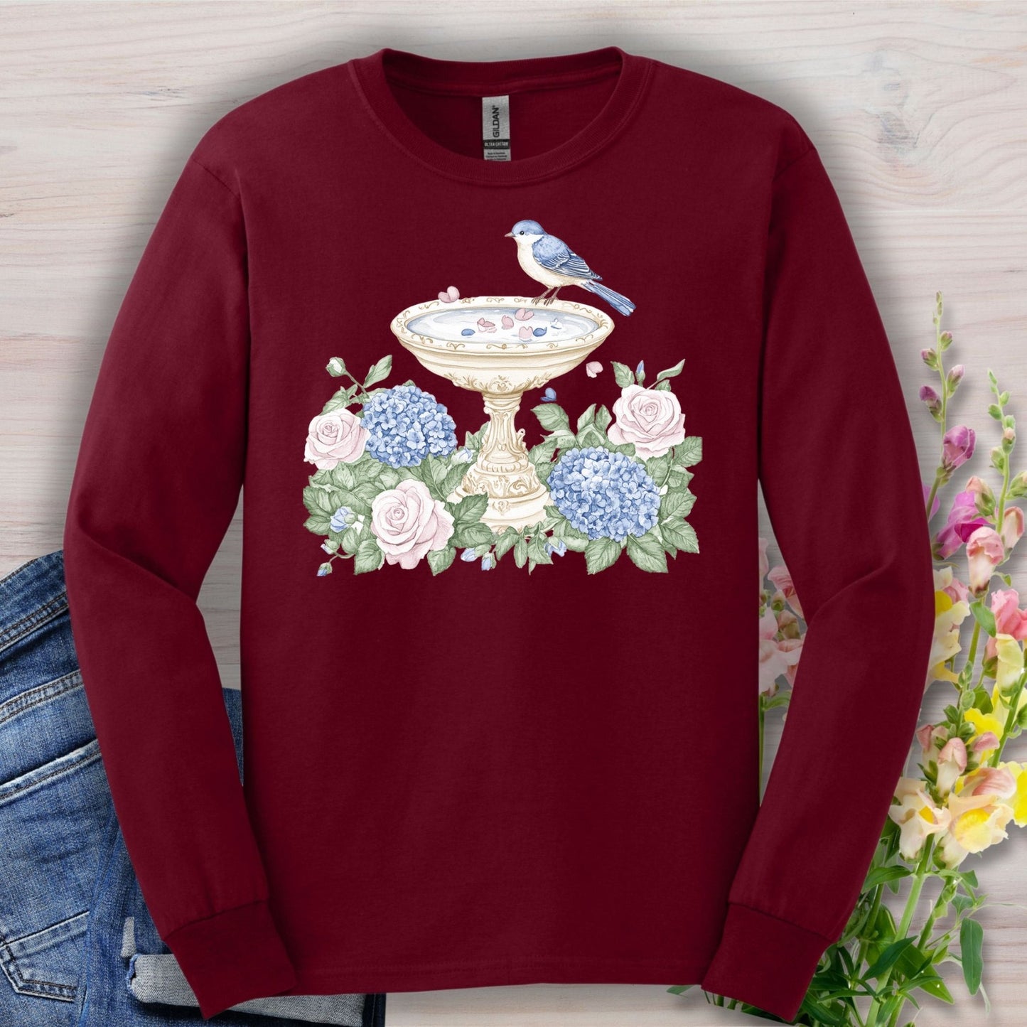 Elegant Spring Garden Bird Bath Long Sleeve Tee