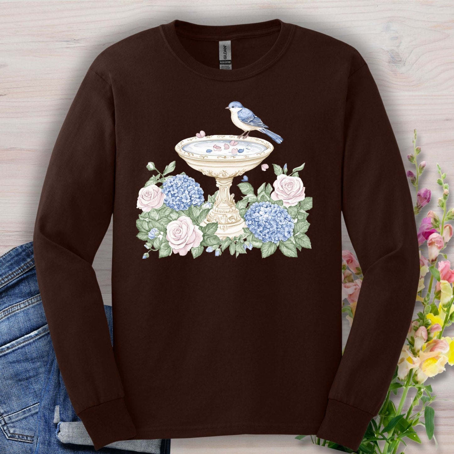 Elegant Spring Garden Bird Bath Long Sleeve Tee