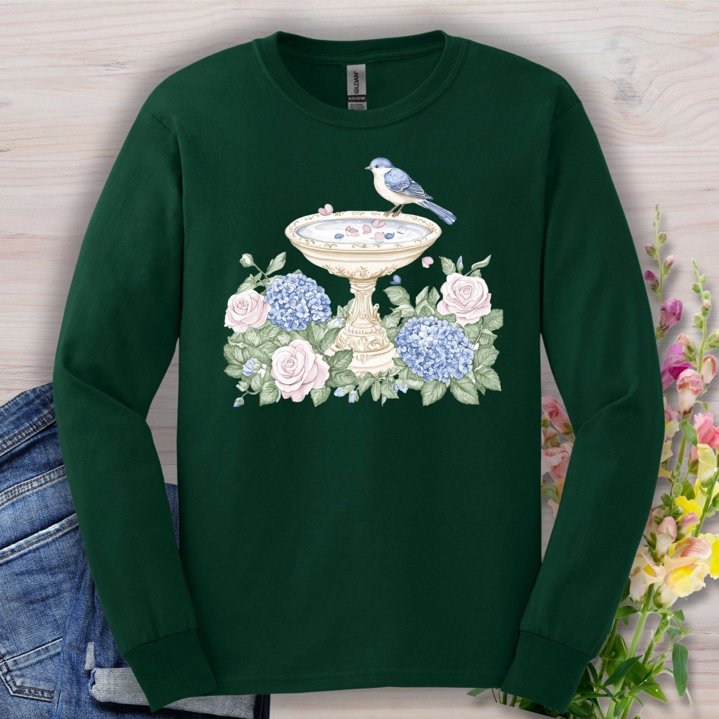 Elegant Spring Garden Bird Bath Long Sleeve Tee