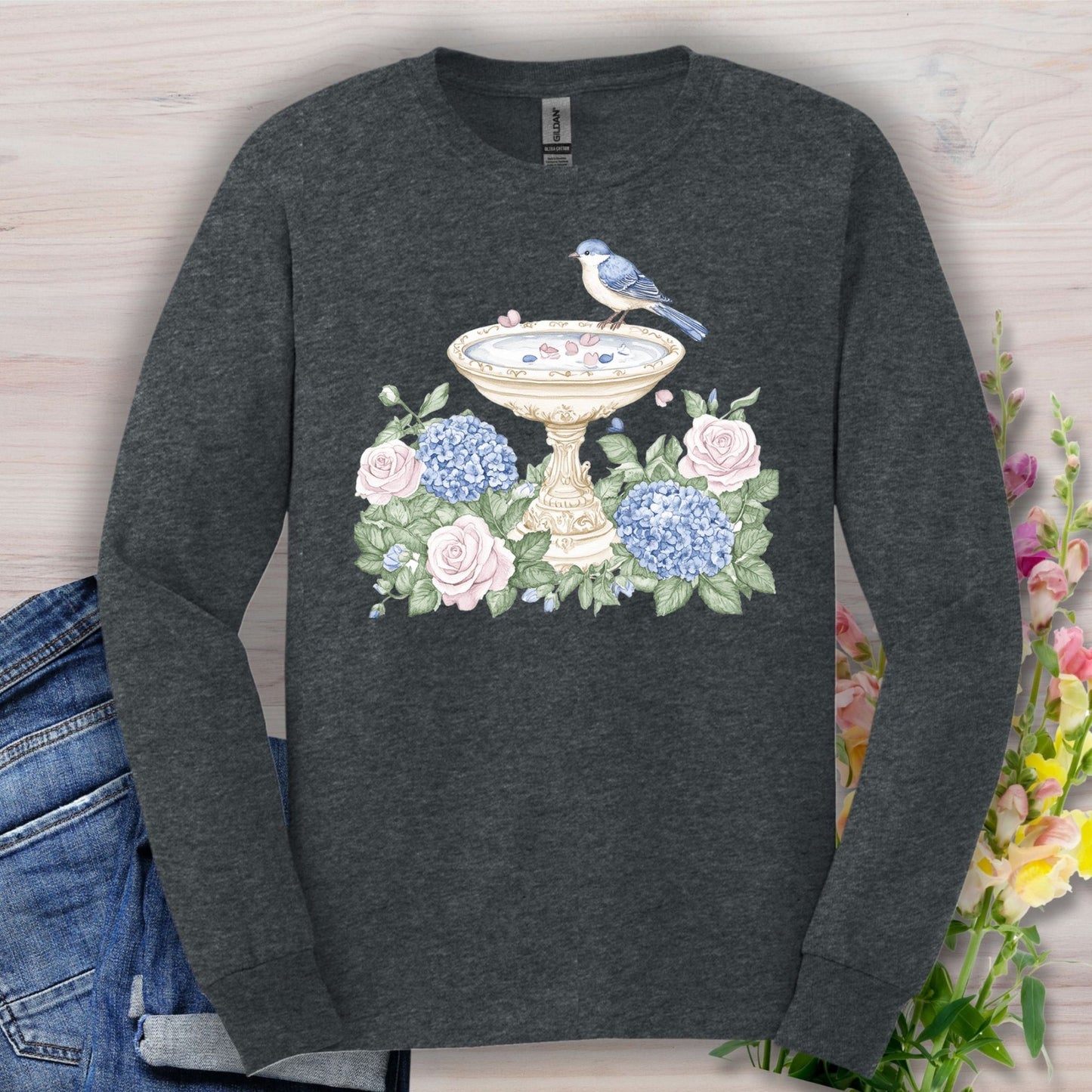 Elegant Spring Garden Bird Bath Long Sleeve Tee