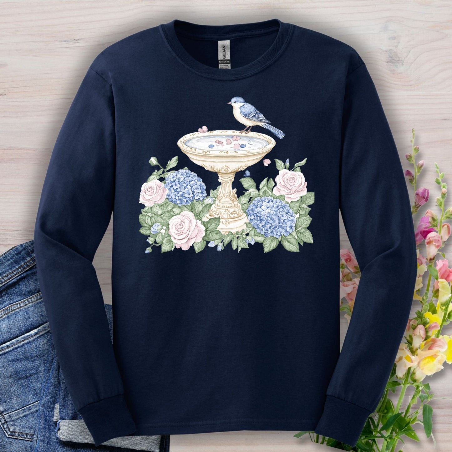 Elegant Spring Garden Bird Bath Long Sleeve Tee