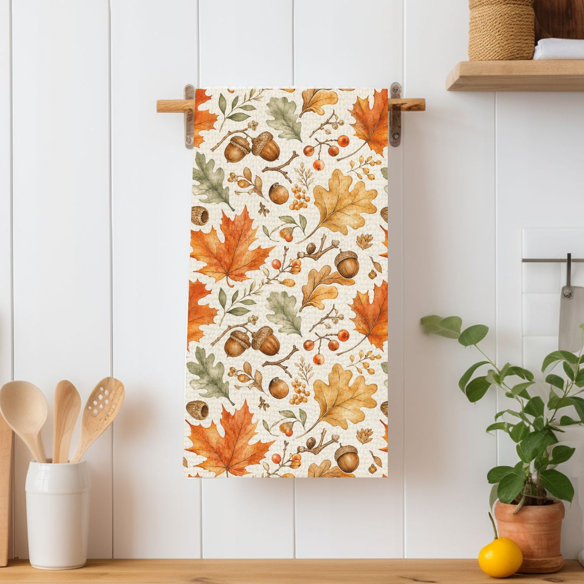 Fall Leaves & Acorns Tea Towel
