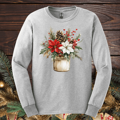 Ash Gildan long sleeve tee with a watercolor Christmas bouquet in a rustic metal jar.