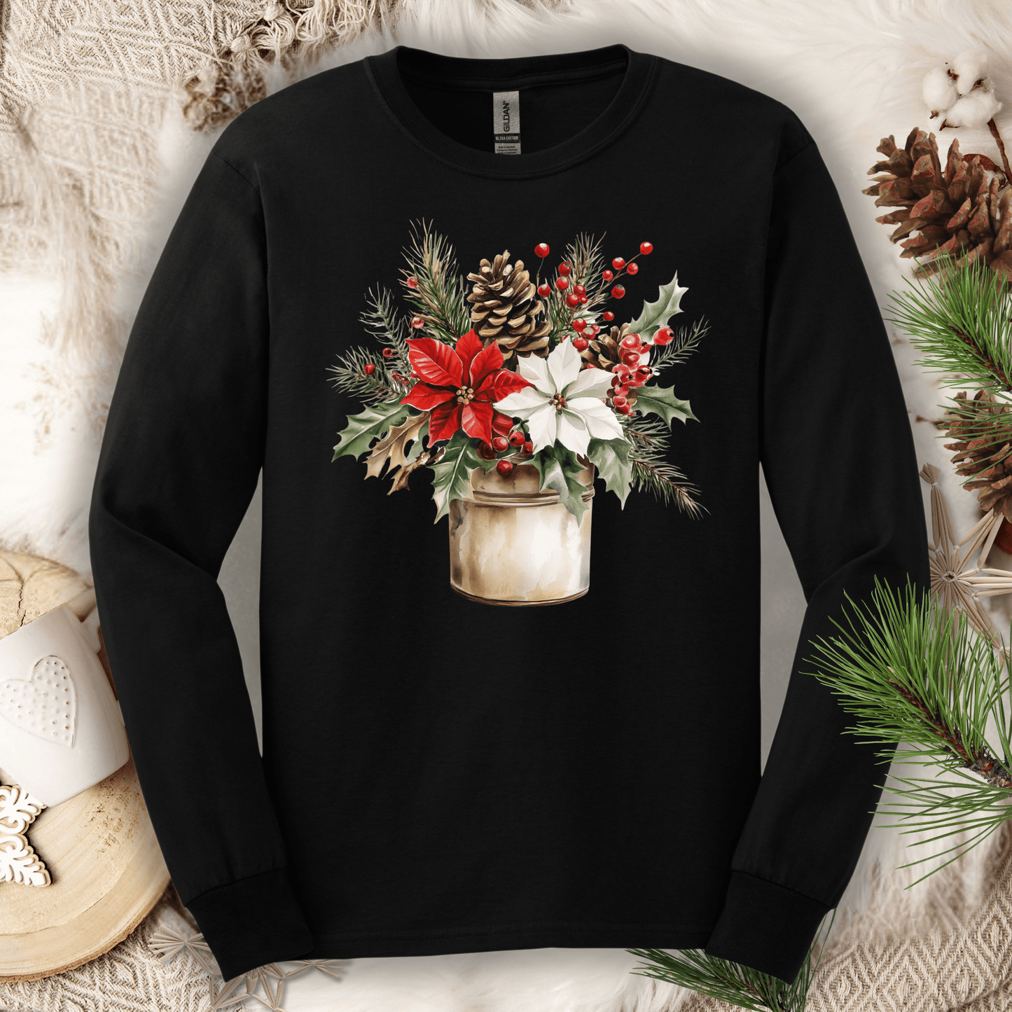 Black Gildan long sleeve tee with a watercolor Christmas bouquet in a rustic metal jar.
