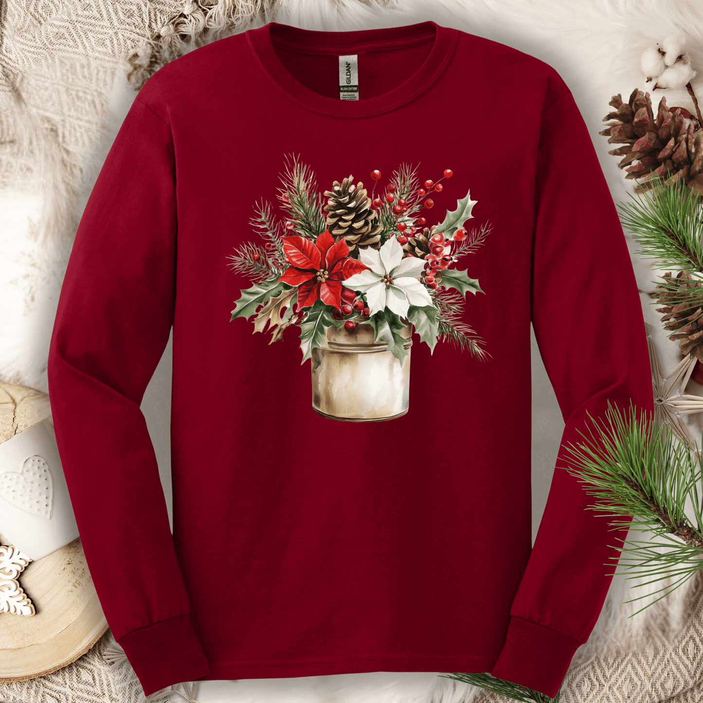 Cardinal Red Gildan long sleeve tee with a watercolor rustic Christmas bouquet.