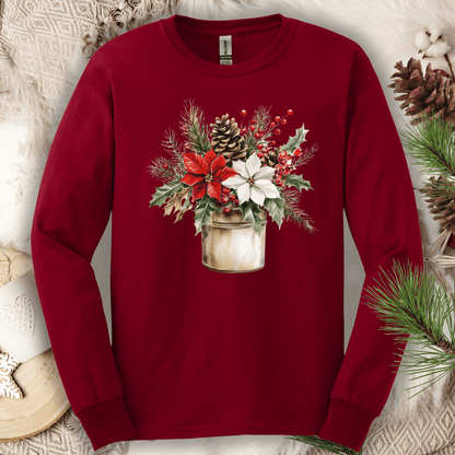 Cardinal Red Gildan long sleeve tee with a watercolor rustic Christmas bouquet.