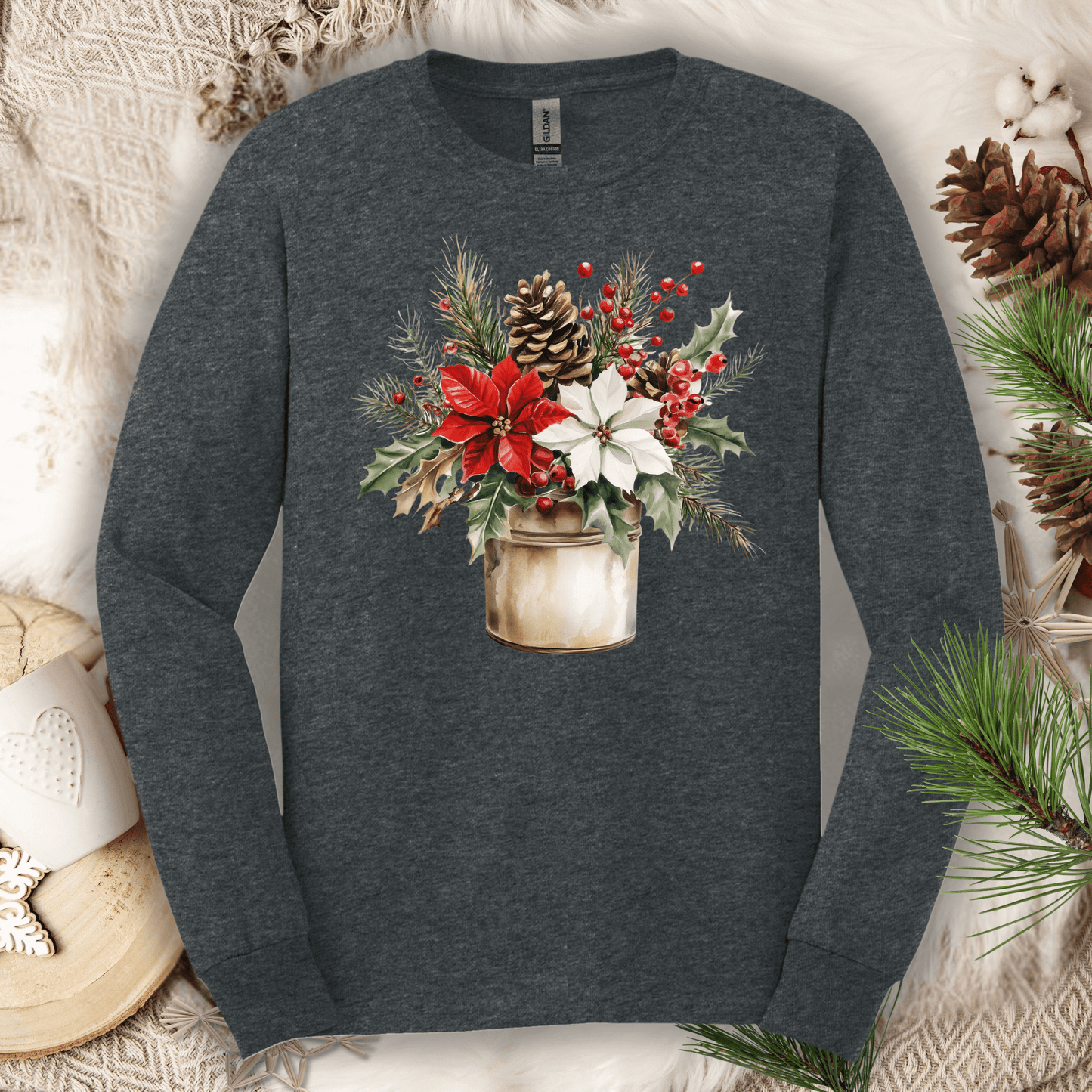 Dark Heather Gildan long sleeve tee with a watercolor Christmas bouquet in a rustic metal jar.