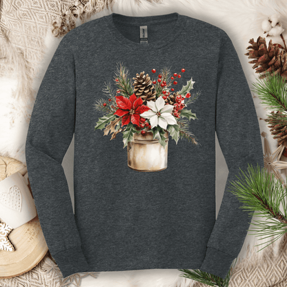 Dark Heather Gildan long sleeve tee with a watercolor Christmas bouquet in a rustic metal jar.