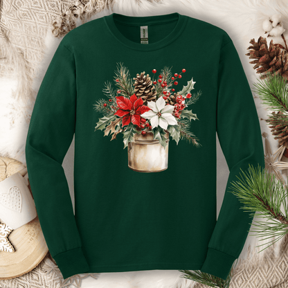 Forest Green Gildan long sleeve tee with a watercolor rustic jar of red & white poinsettias, holly, and pine.