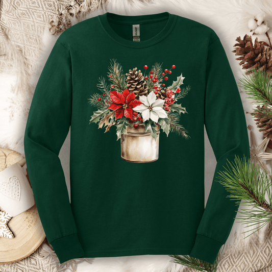 Forest Green Gildan long sleeve tee with a watercolor rustic jar of red & white poinsettias, holly, and pine.