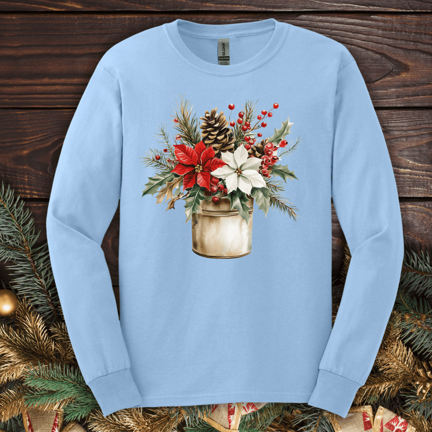 Light blue Gildan long sleeve tee with a watercolor Christmas bouquet in a rustic metal jar.