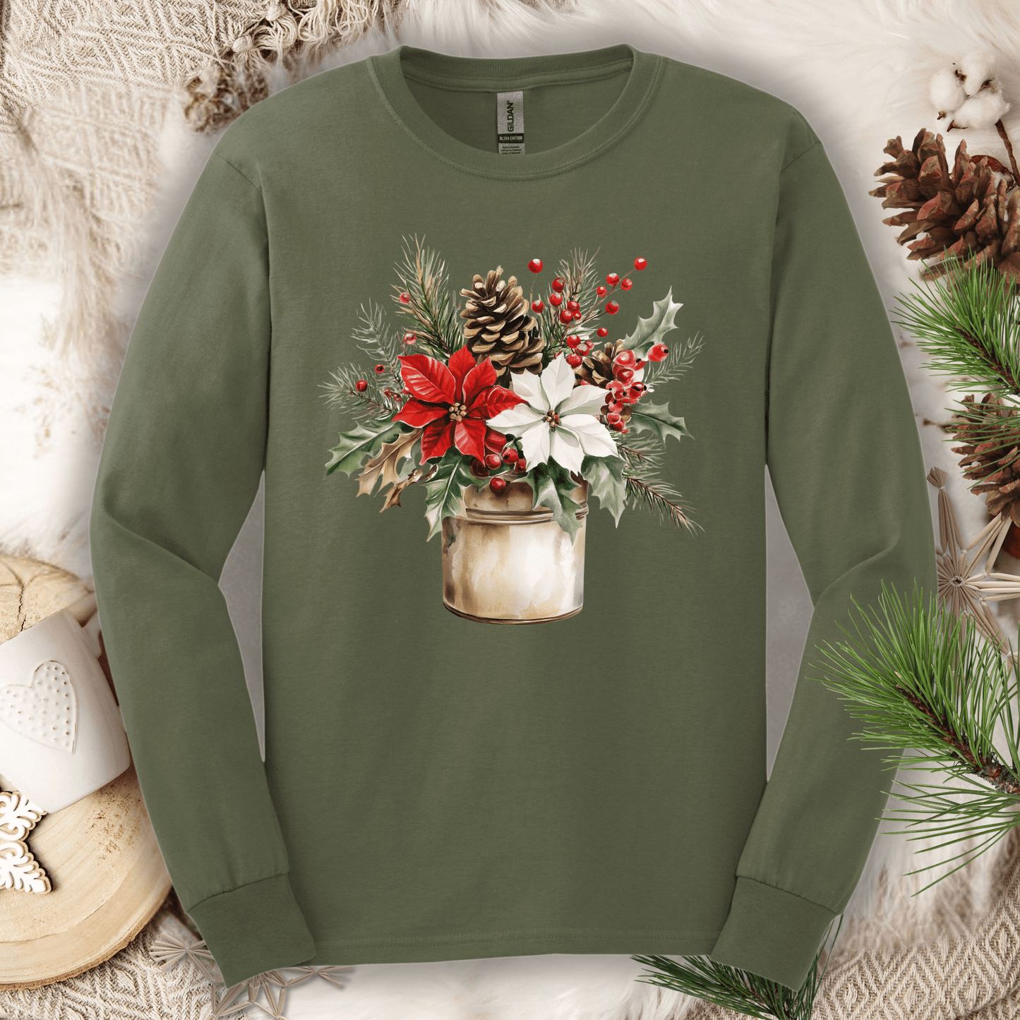 Military Green Gildan long sleeve tee with a watercolor farmhouse Christmas bouquet in a rustic metal jar.