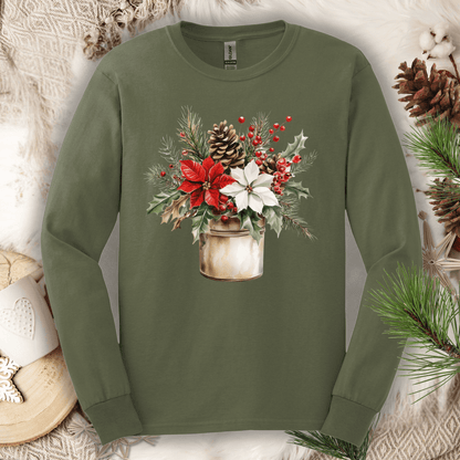 Military Green Gildan long sleeve tee with a watercolor farmhouse Christmas bouquet in a rustic metal jar.