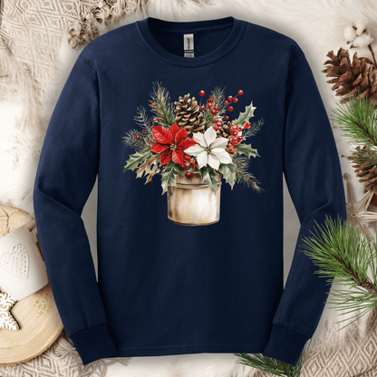 Navy Gildan long sleeve tee with a watercolor Christmas bouquet in a rustic metal jar, featuring poinsettias and pinecones.