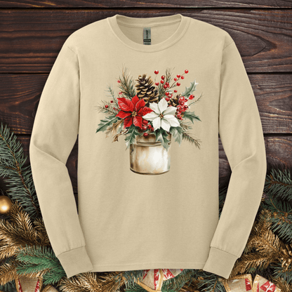 Sand Gildan long sleeve tee with watercolor Christmas bouquet in a rustic metal jar.
