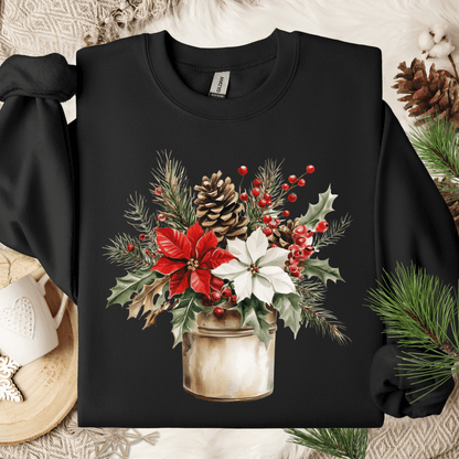 Black Gildan sweatshirt with a watercolor farmhouse Christmas bouquet in a rustic metal jar.