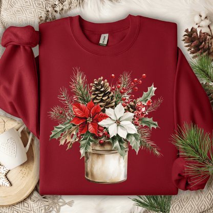 Cardinal Red Gildan sweatshirt with a watercolor Christmas bouquet in a rustic jar, featuring red and white poinsettias.